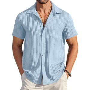 Men's Blue Casual Button Down Shirts Short Sleeve Textured Summer Beach Shirt